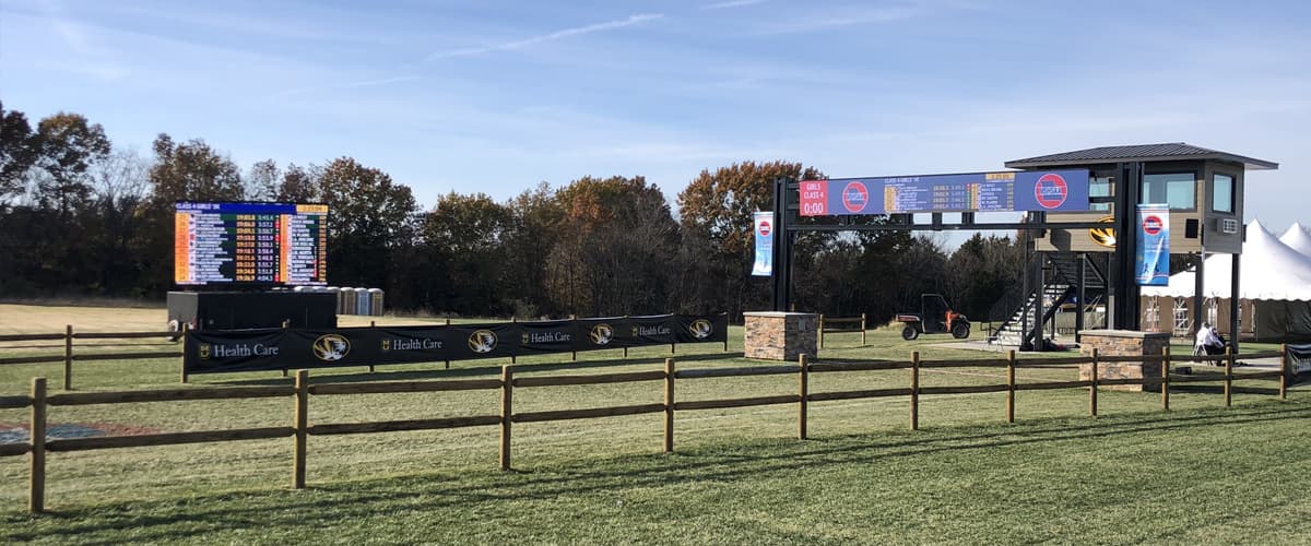 LED walls, finish structures, and videoboard feeds built for sports presentation