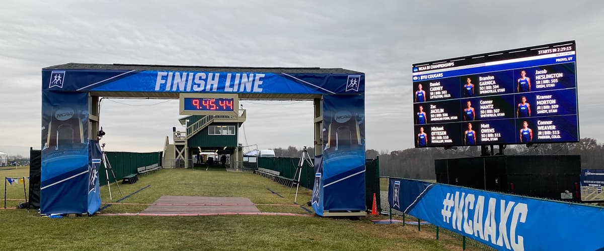 LED walls, finish structures, and videoboard feeds built for sports presentation